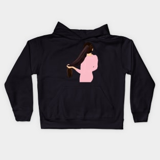 Cute Girl hiding face holding pony tail Kids Hoodie